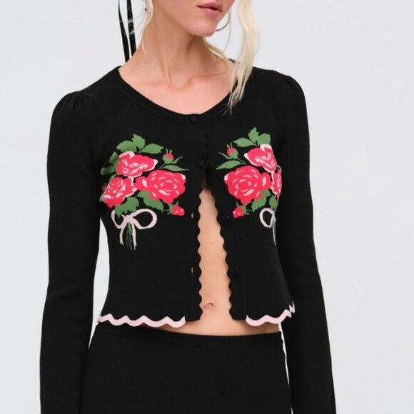 NWT For Love and Lemons Donella Black Floral Knit Cardigan XS $198